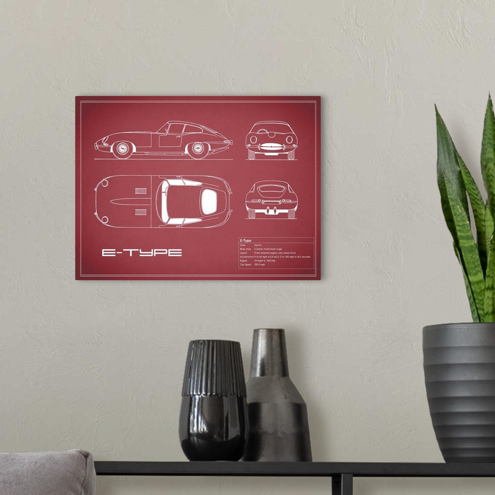 A modern room featuring Antique style blueprint diagram of a Jaguar C Type printed on a Maroon background