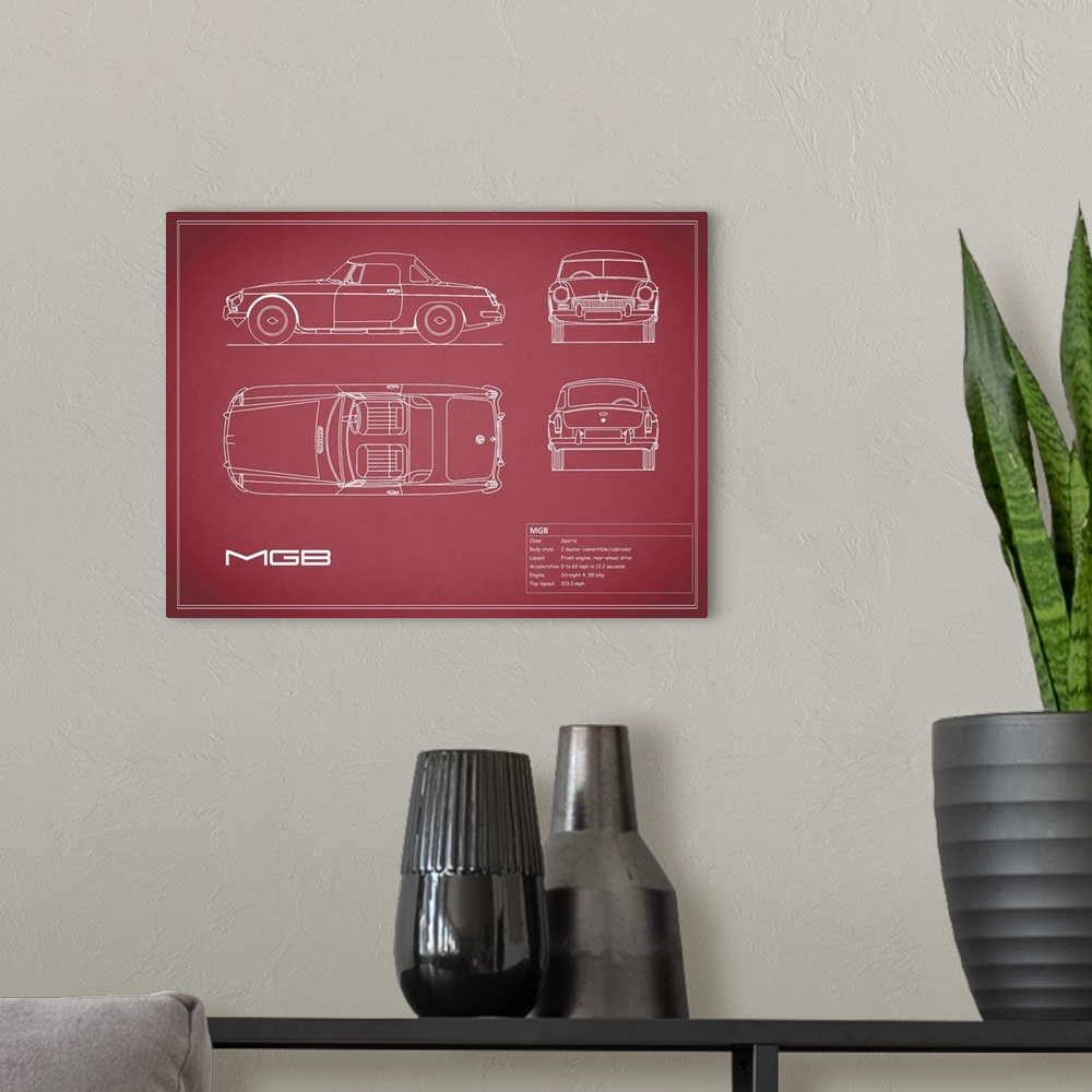 A modern room featuring Antique style blueprint diagram of a MGB printed on a red background.