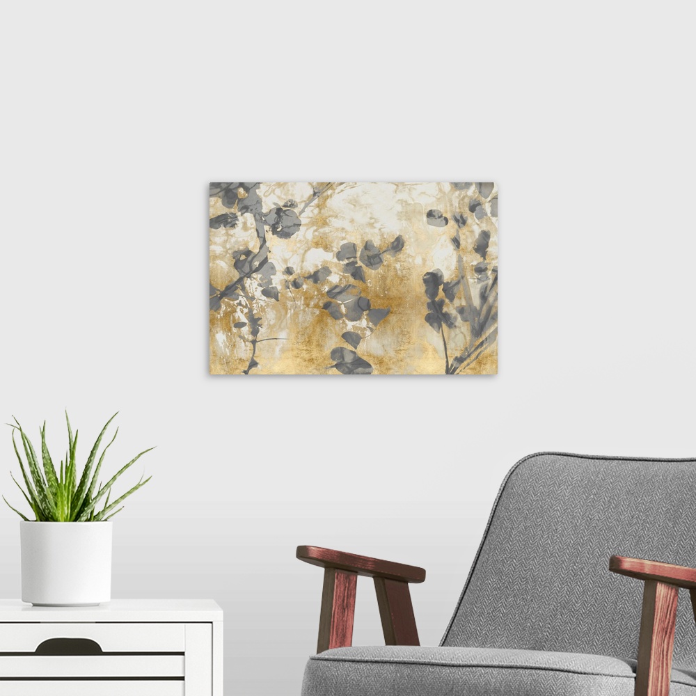 A modern room featuring Contemporary artwork featuring soft gray petals over a foil textured background in shades of gold.