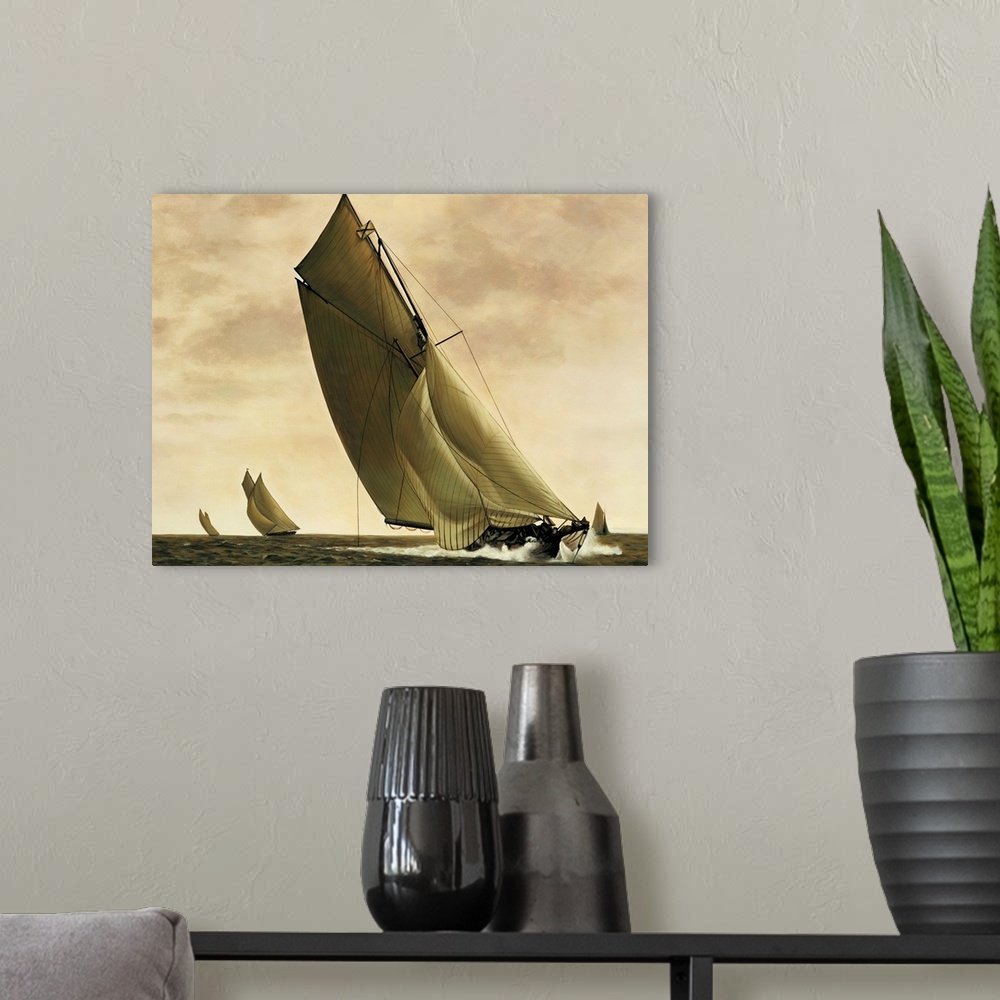 A modern room featuring Contemporary painting of sailboats in the middle of the ocean with the wind blowing to the left.