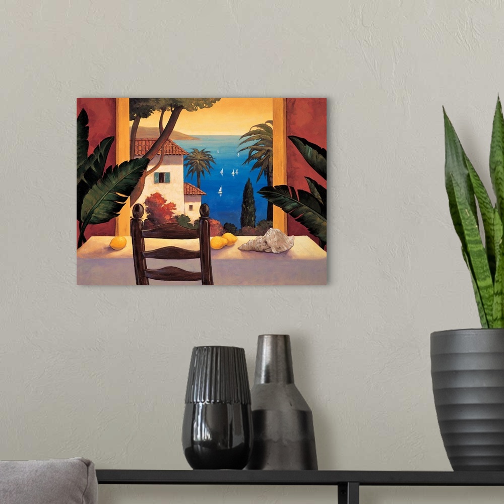 A modern room featuring Contemporary painting of a view out of a window and onto the ocean with sailboats sailing.