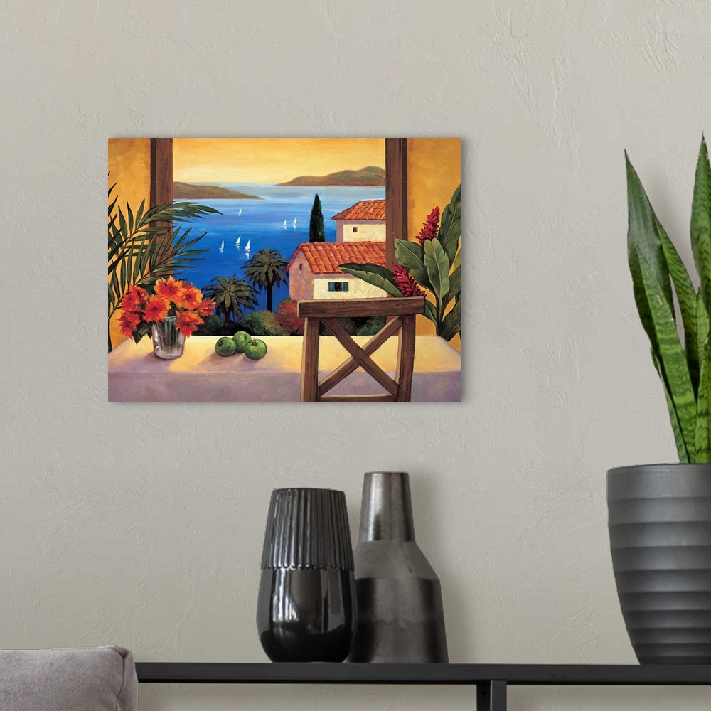 A modern room featuring Contemporary painting of a view out of a window and onto the ocean with sailboats sailing.