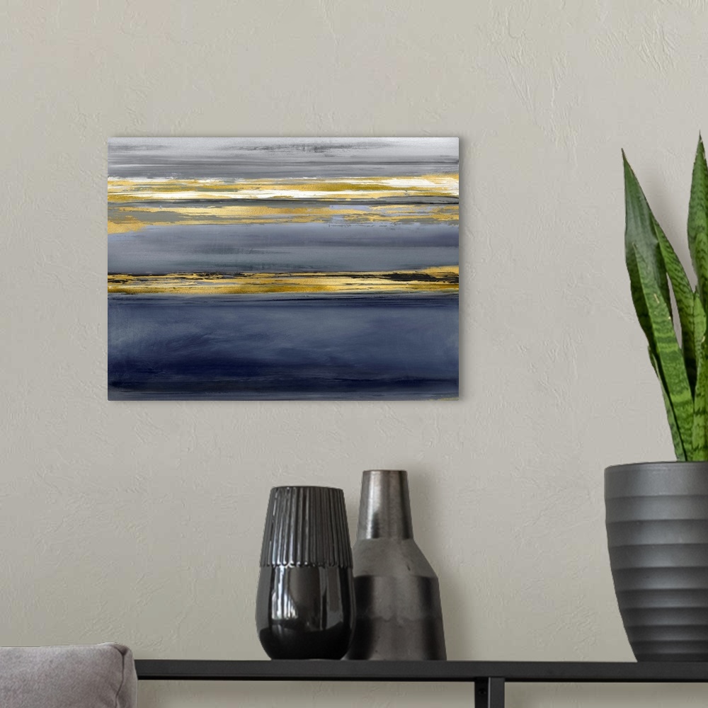 A modern room featuring Contemporary artwork featuring three gold brush strokes on a blue gradated background.