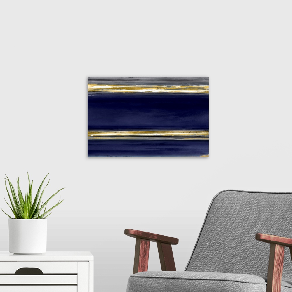 A modern room featuring Contemporary artwork featuring three gold brush strokes on a blue gradated background.