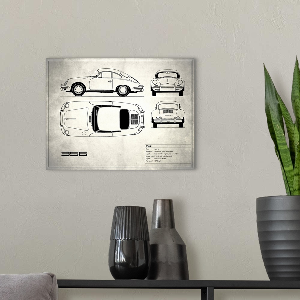 A modern room featuring Antique style blueprint diagram of a Porsche 356C printed on a weathered white and gray background.