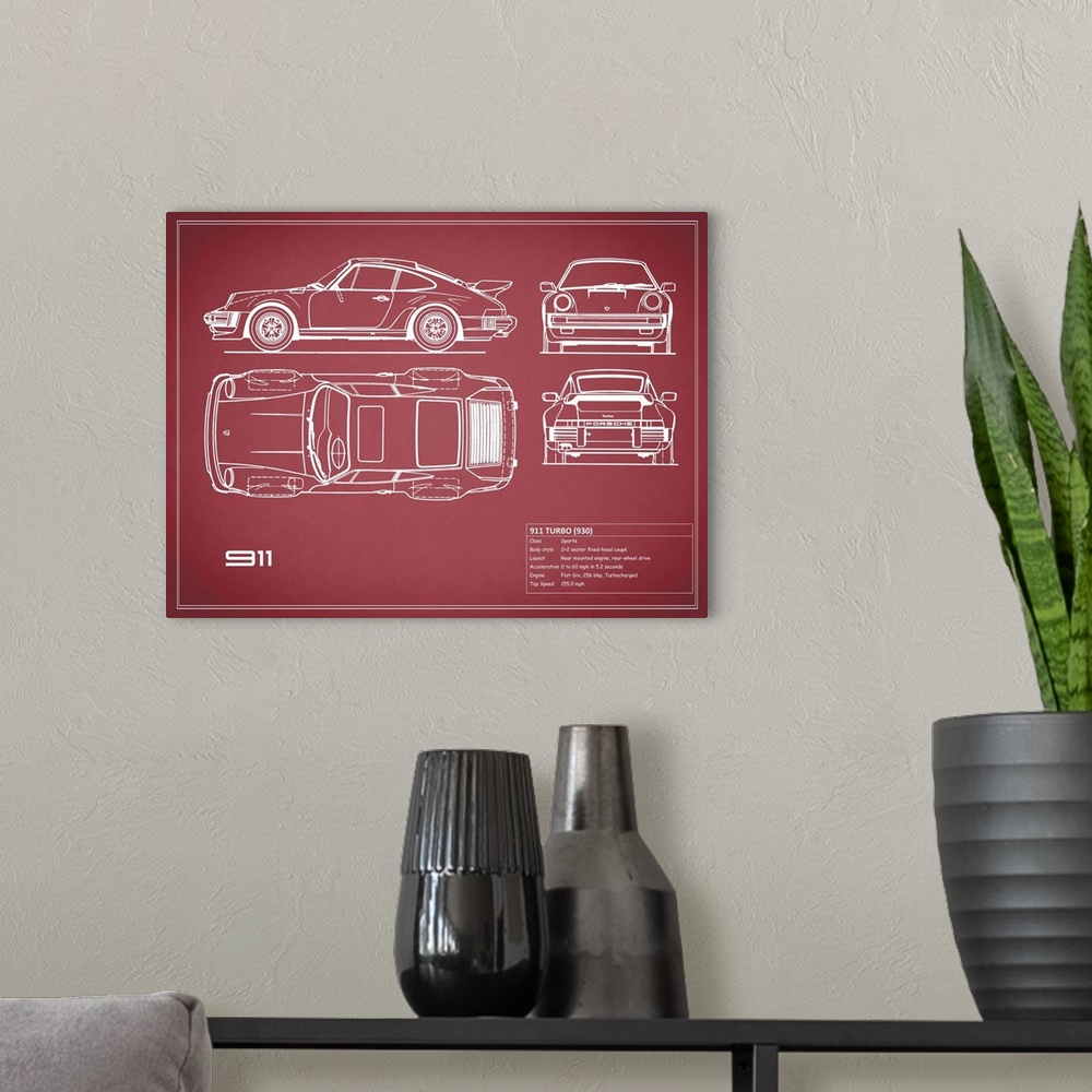 A modern room featuring Antique style blueprint diagram of a Porsche 911 Turbo 1977 printed on a red background
