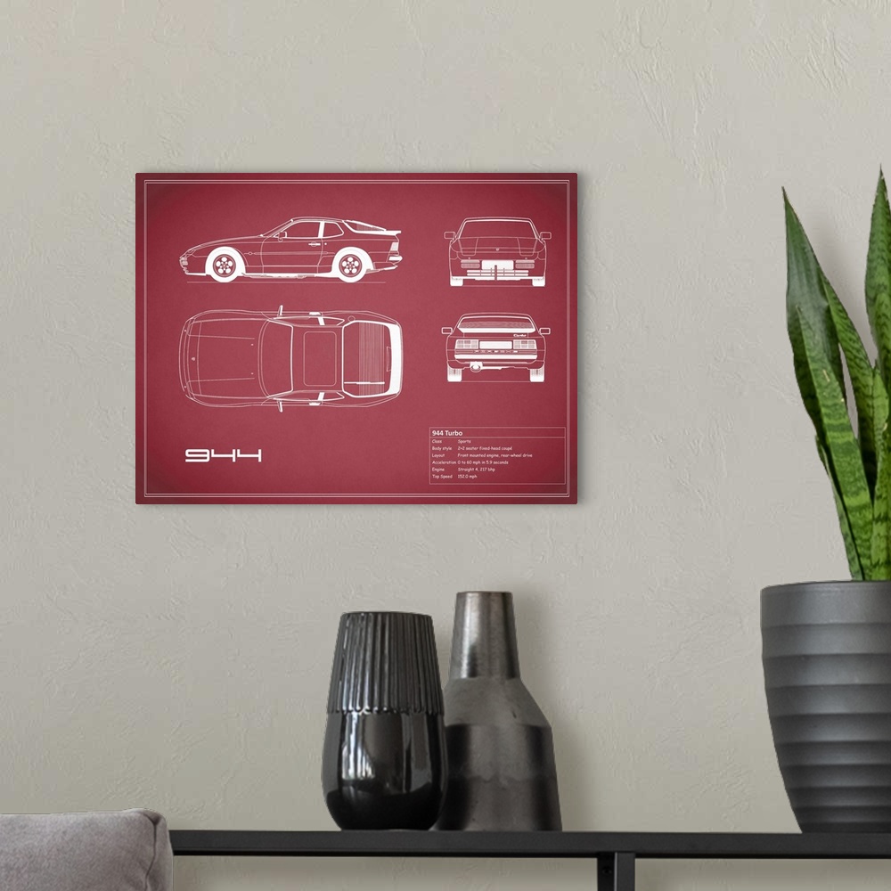 A modern room featuring Antique style blueprint diagram of a Porsche 944 Turbo printed on a Maroon background