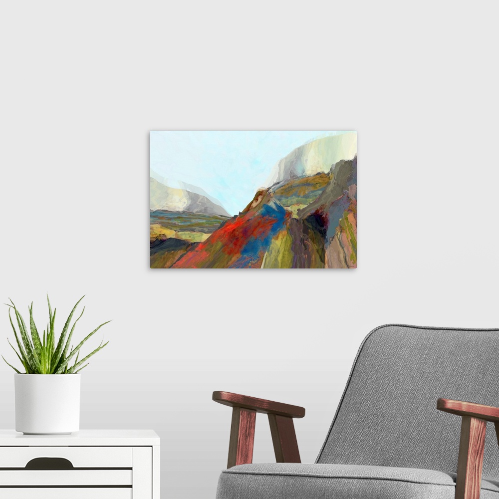 A modern room featuring Colorful large abstract art with transparent-like hues resembling mountains and sky.