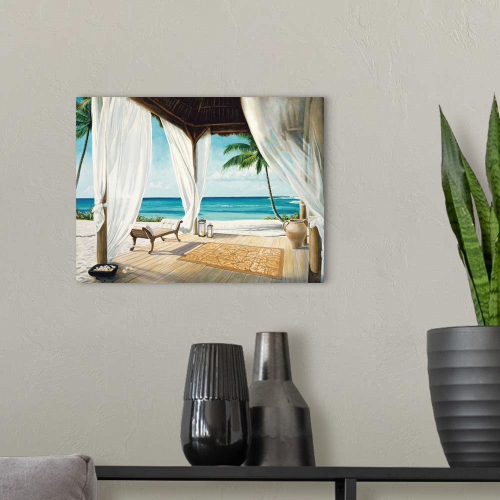 A modern room featuring Contemporary painting of a relaxing beach setting with a veranda on a beautiful day.