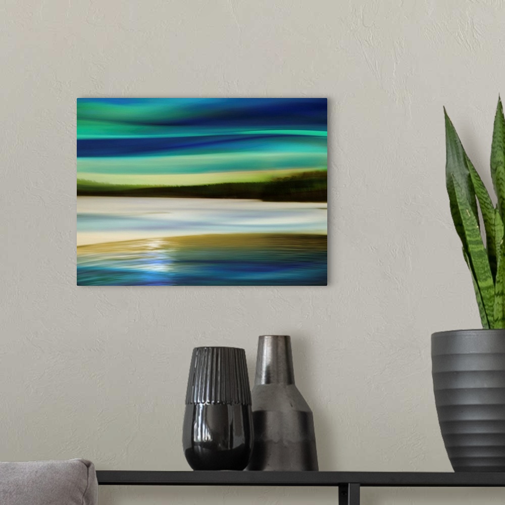 A modern room featuring Large abstract art with wavy lines and what seems like a horizon line lined with trees in the cen...