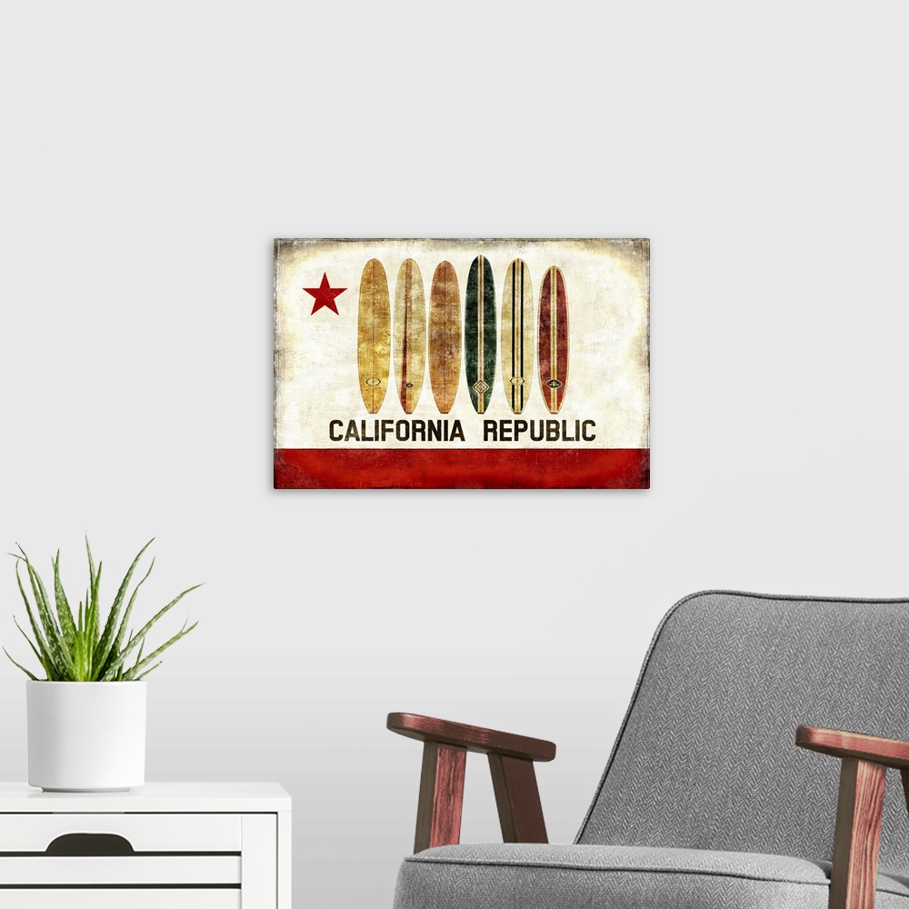 A modern room featuring The California state flag with surf boards instead of the grizzly bear.