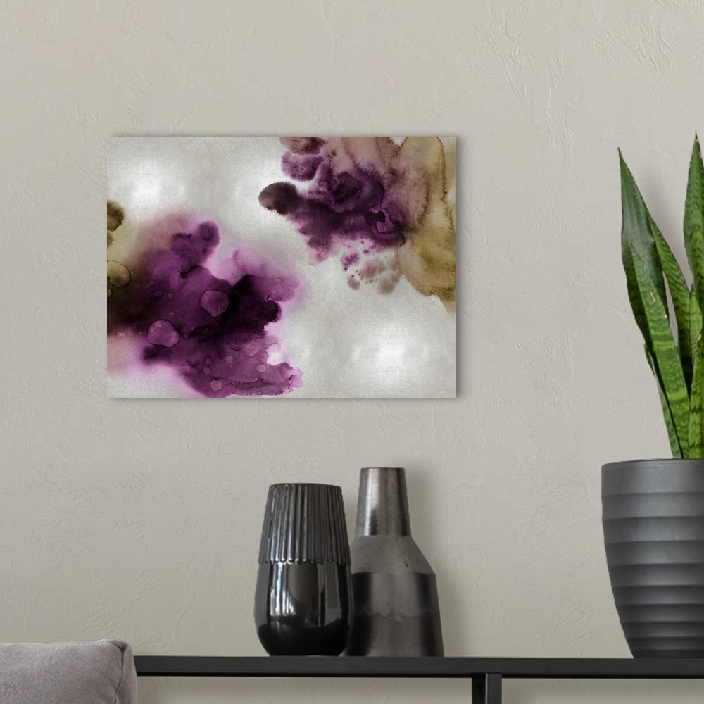 A modern room featuring Abstract painting with deep purple and gold hues splattered together on a silver background.