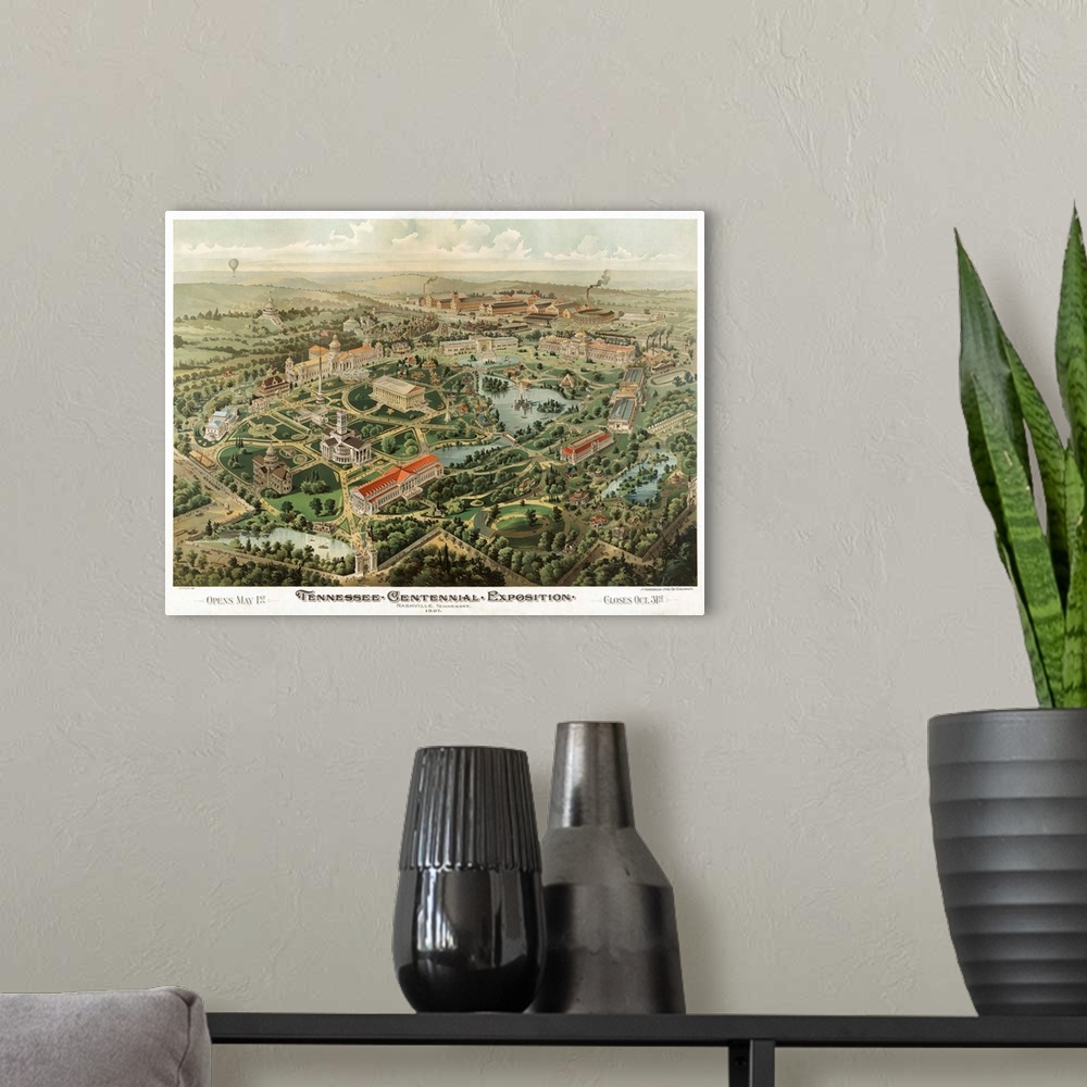 A modern room featuring Vintage bird's eye view illustrated map of the Tennessee Centennial Exposition in Nashville from ...