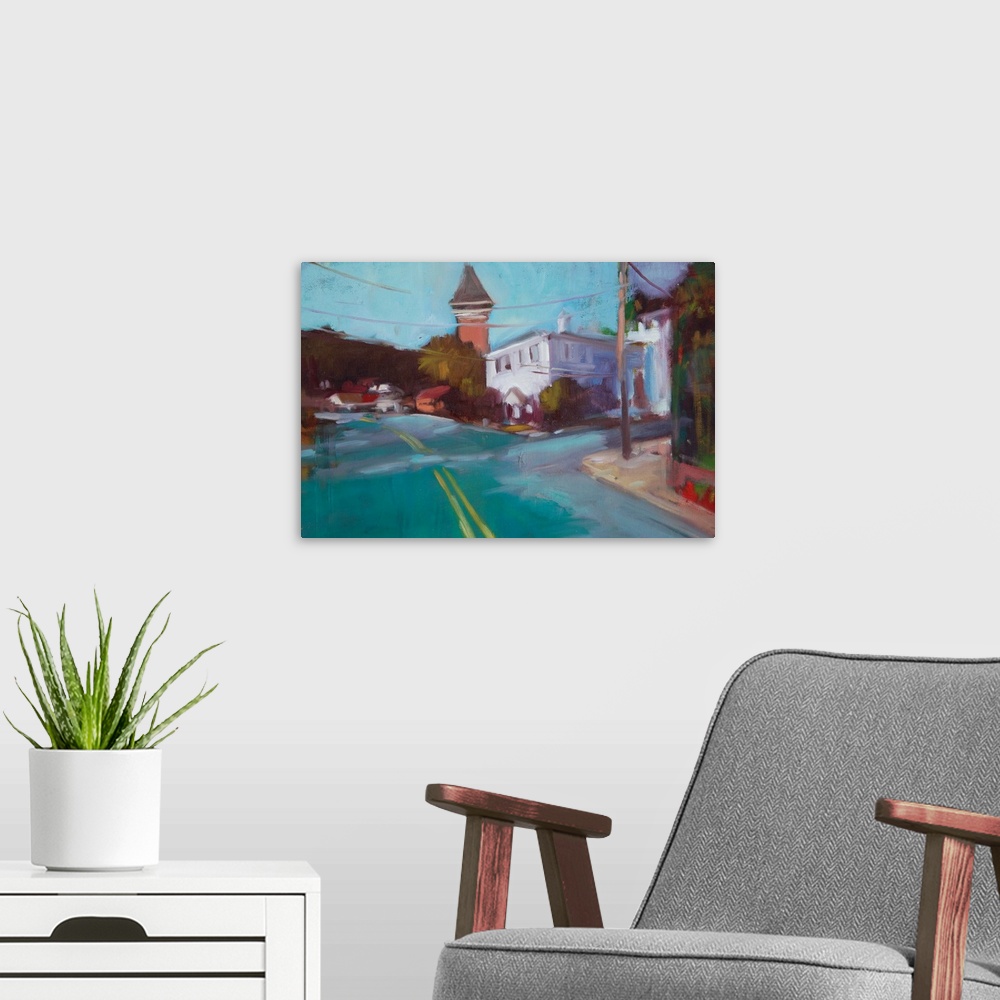 A modern room featuring Contemporary painting of a street intersection with buildings all around.