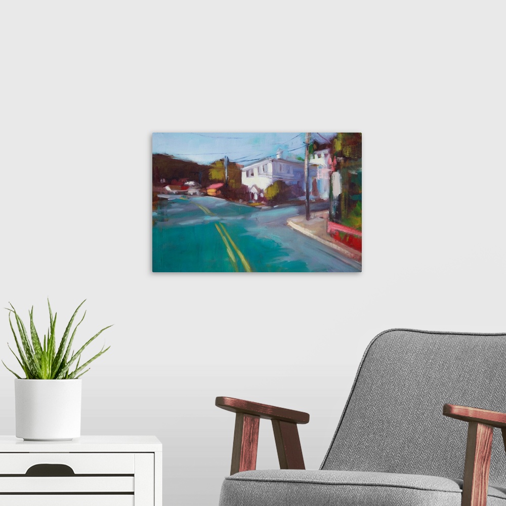 A modern room featuring Contemporary painting of intersecting roads in a neighborhood surrounded by houses.