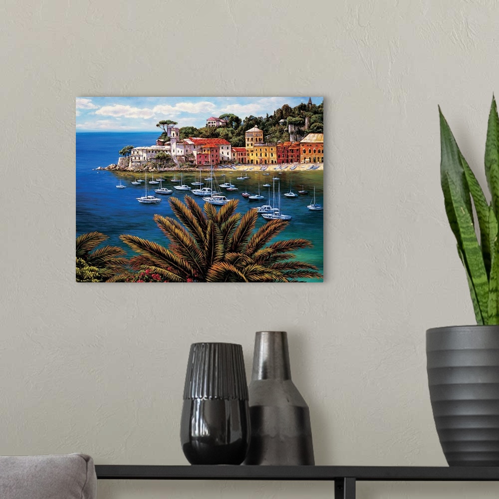 A modern room featuring Contemporary painting with a view of the village, boats, and water on the Tuscan coast.