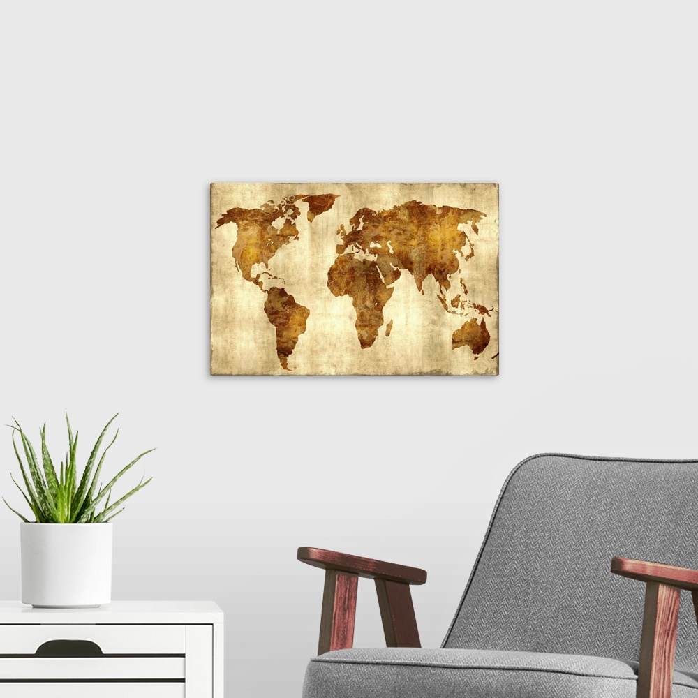 A modern room featuring Rustic map of the World with no labeling in bronze and gold hues.