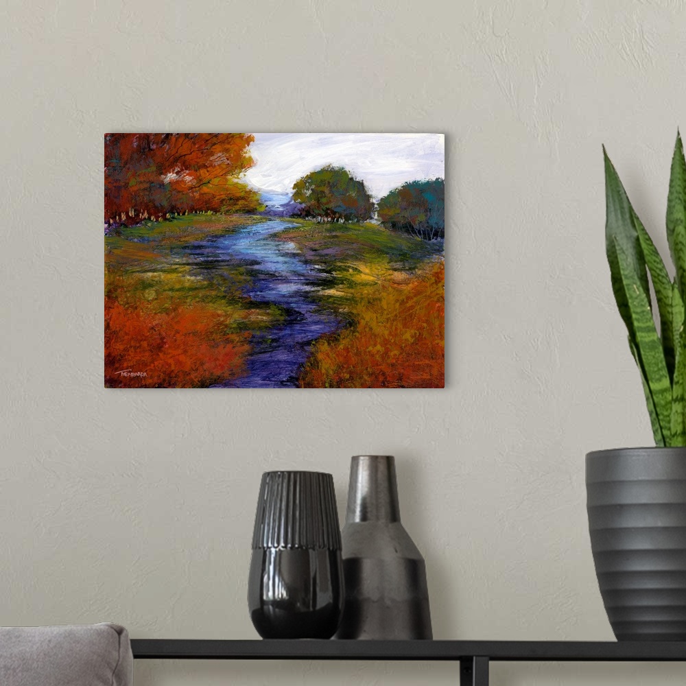 A modern room featuring Contemporary painting of a landscape with Autumn trees and a blue and purple tinted creek flowing...