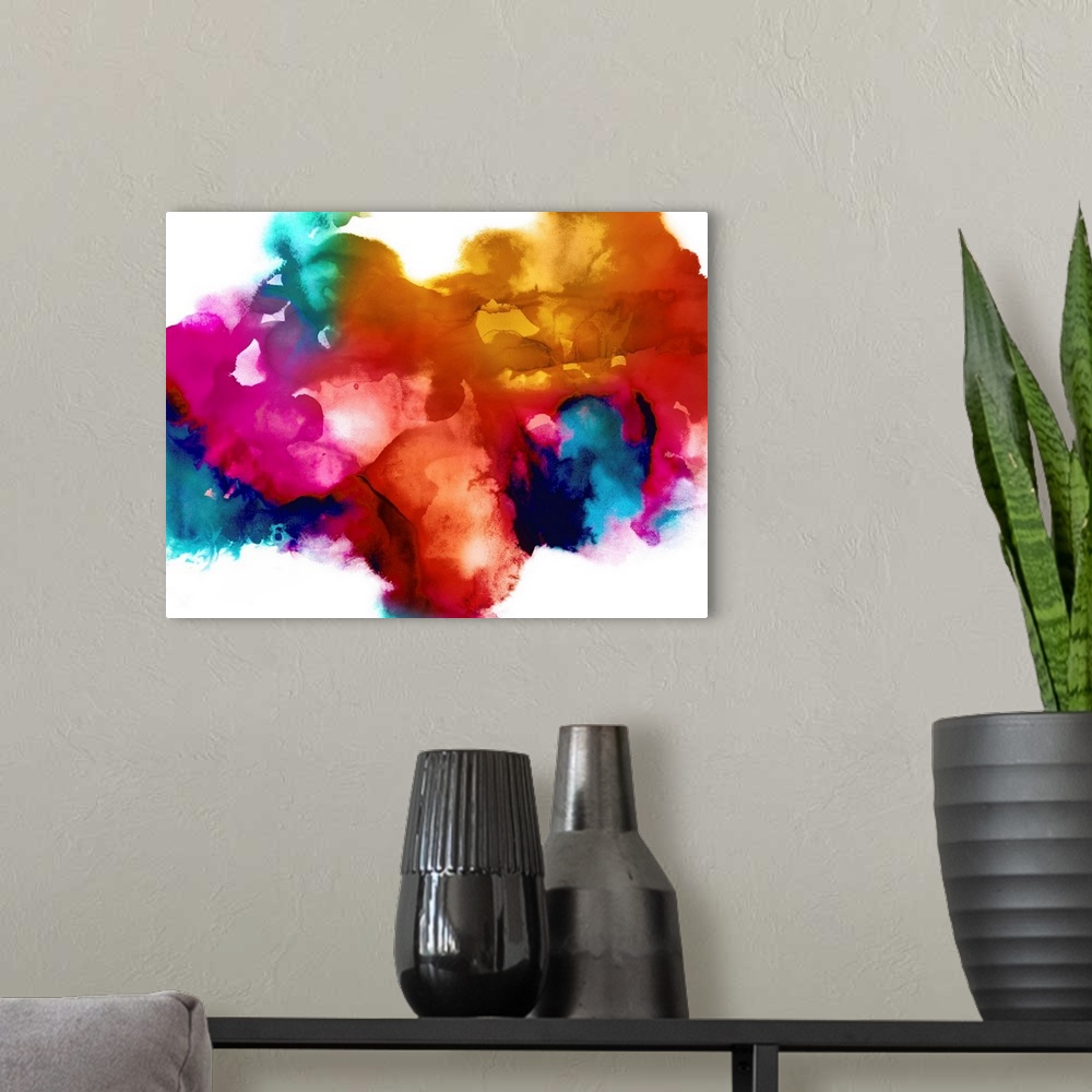 A modern room featuring Abstract art with colorful splotches forming together as one design on a white background.