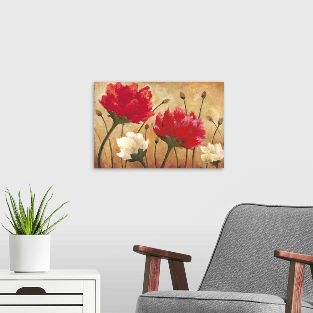 A modern room featuring A horizontal contemporary painting of white and red flowers against a warm neutral background.