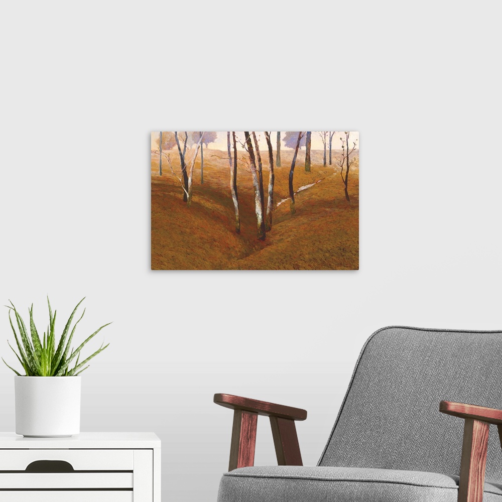 A modern room featuring Horizontal landscape of a group of bare trees in fall done with short, small brush strokes.