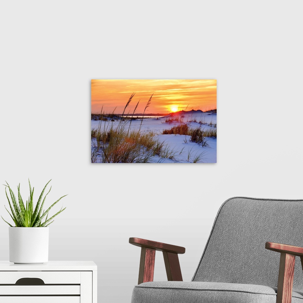 A modern room featuring Photograph of a orange and yellow sunset over sandy dunes on a beach.
