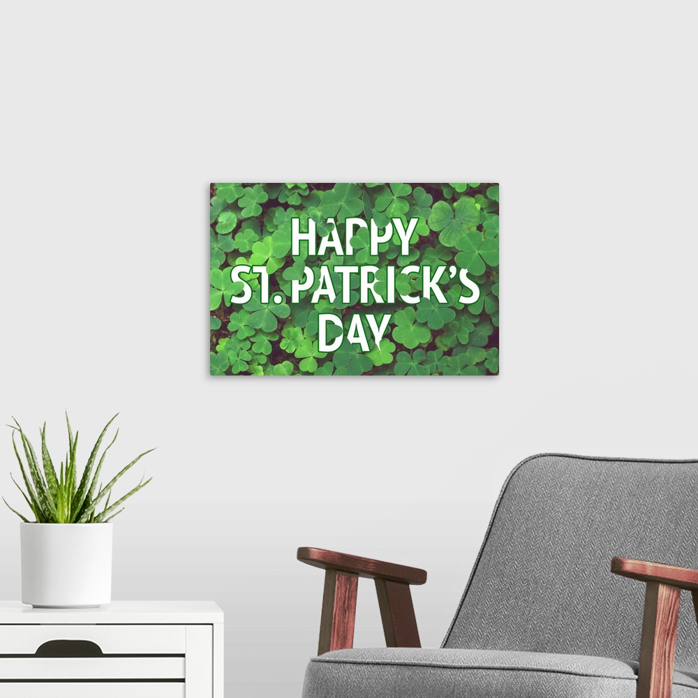 A modern room featuring "Happy St. Patrick's Day" with clovers.