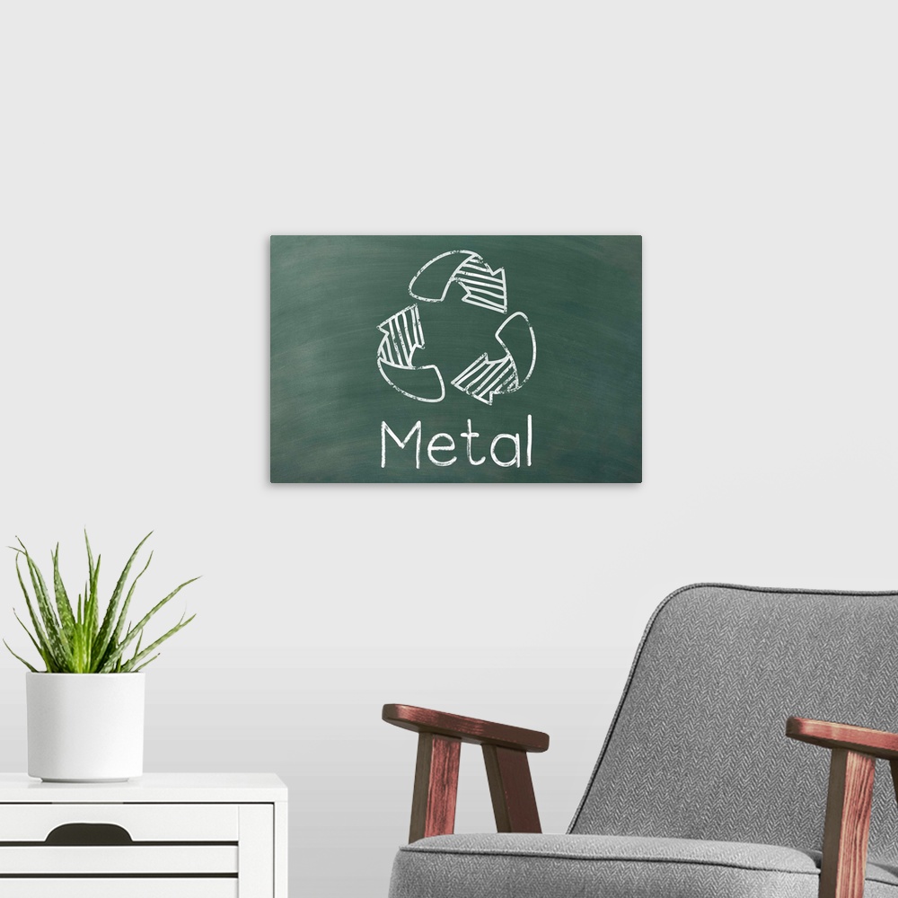 A modern room featuring Recycling symbol with "Metal" written underneath in white on a green chalkboard background.