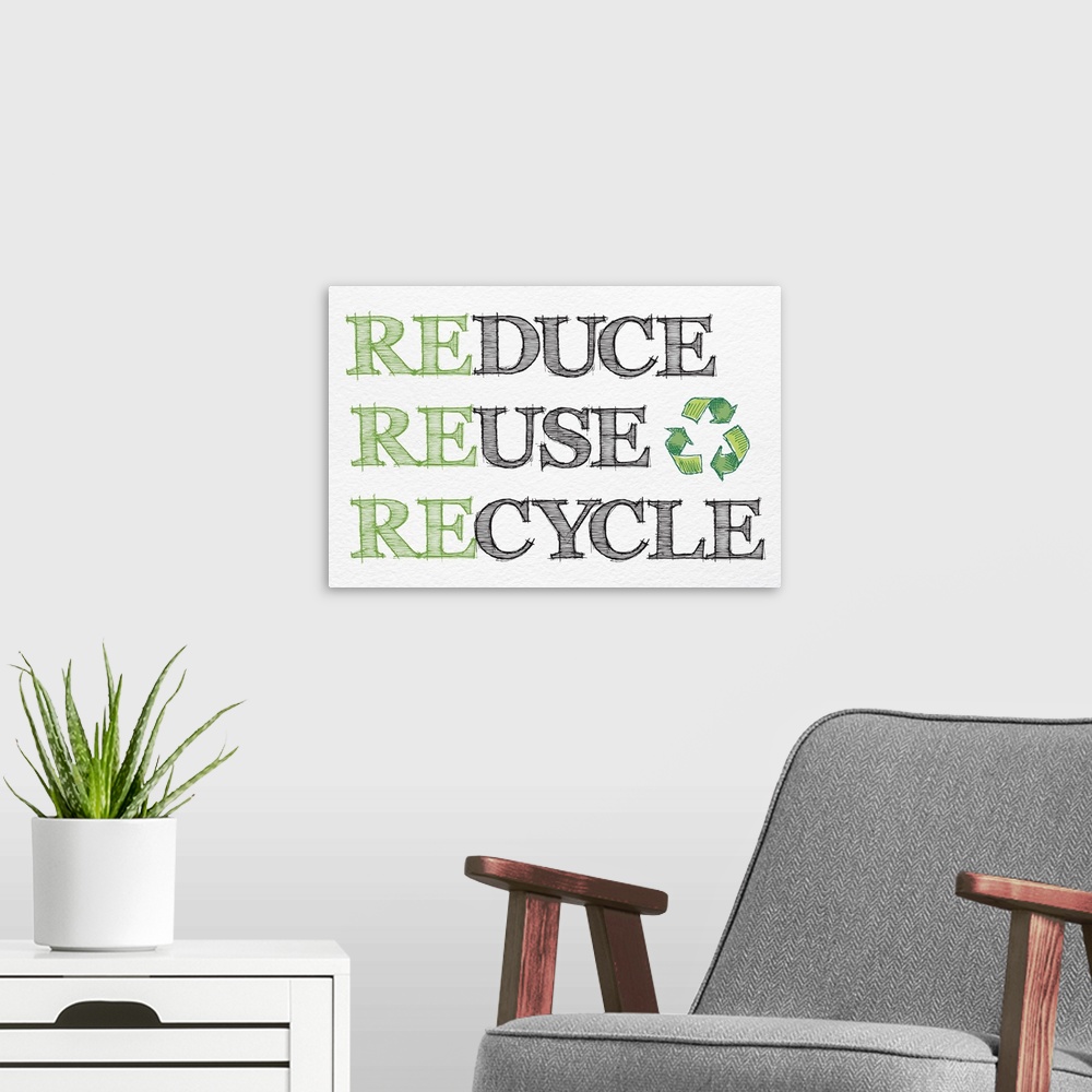 A modern room featuring Reduce Reuse Recycle sketched in black and green