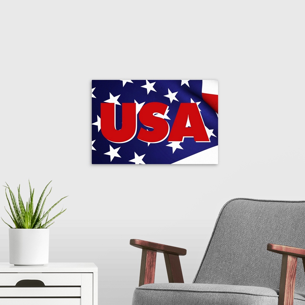 A modern room featuring USA in red on top of a waving American Flag.