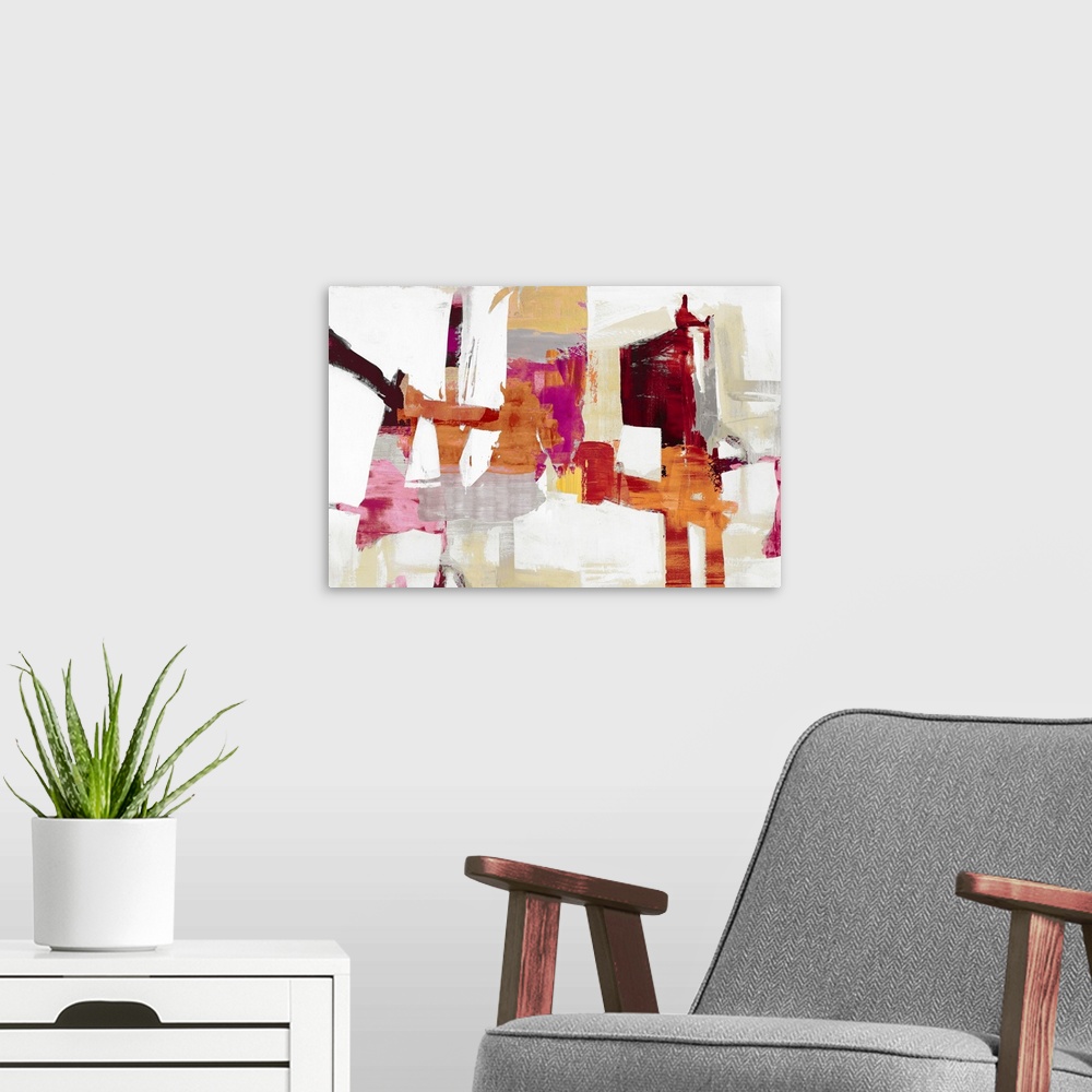 A modern room featuring Abstract Collage Red II