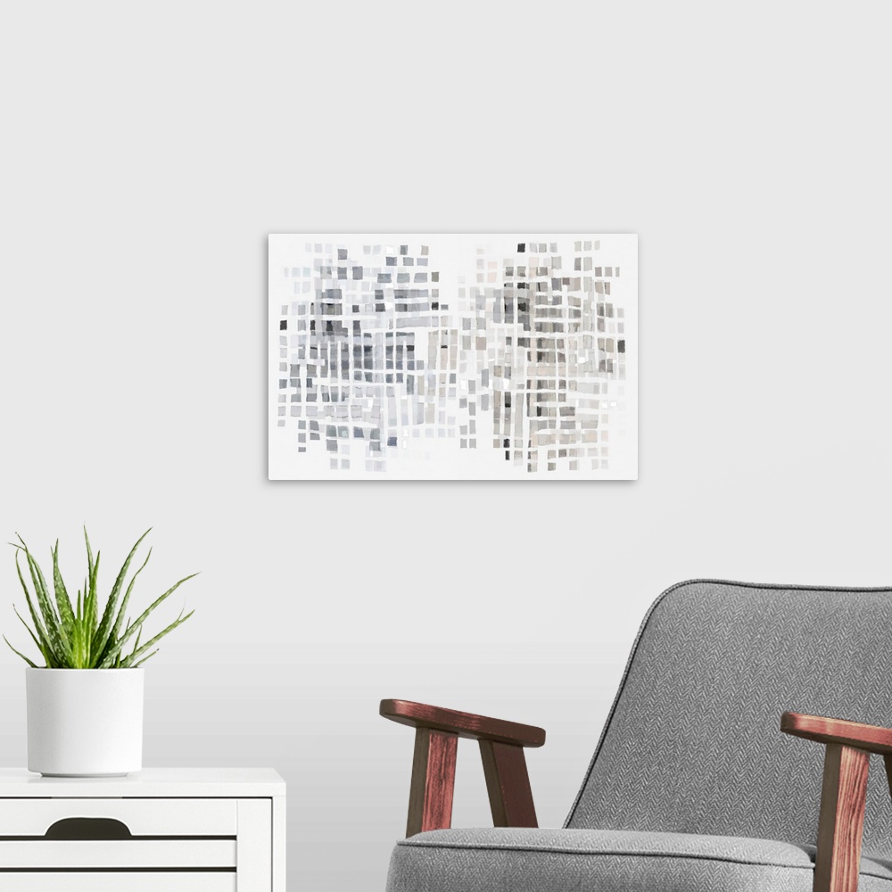 A modern room featuring A contemporary abstract piece with a grid of grey and beige squares on a white background