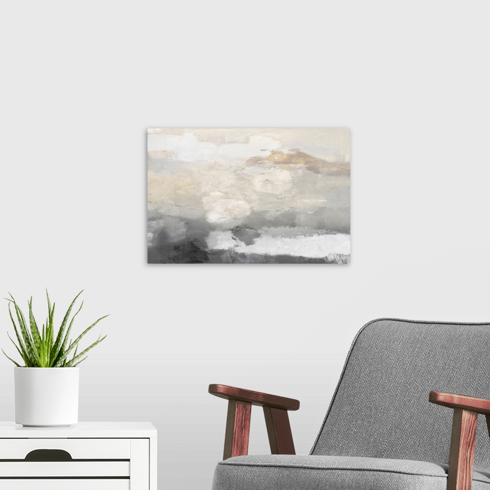 A modern room featuring A contemporary abstract painting that resembles a sky with clouds in neutral shades of white, bro...