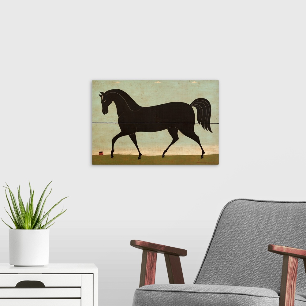 A modern room featuring Americana horse scene by renowned folk artist Warren Kimble. Large stallion painted on wood panel.
