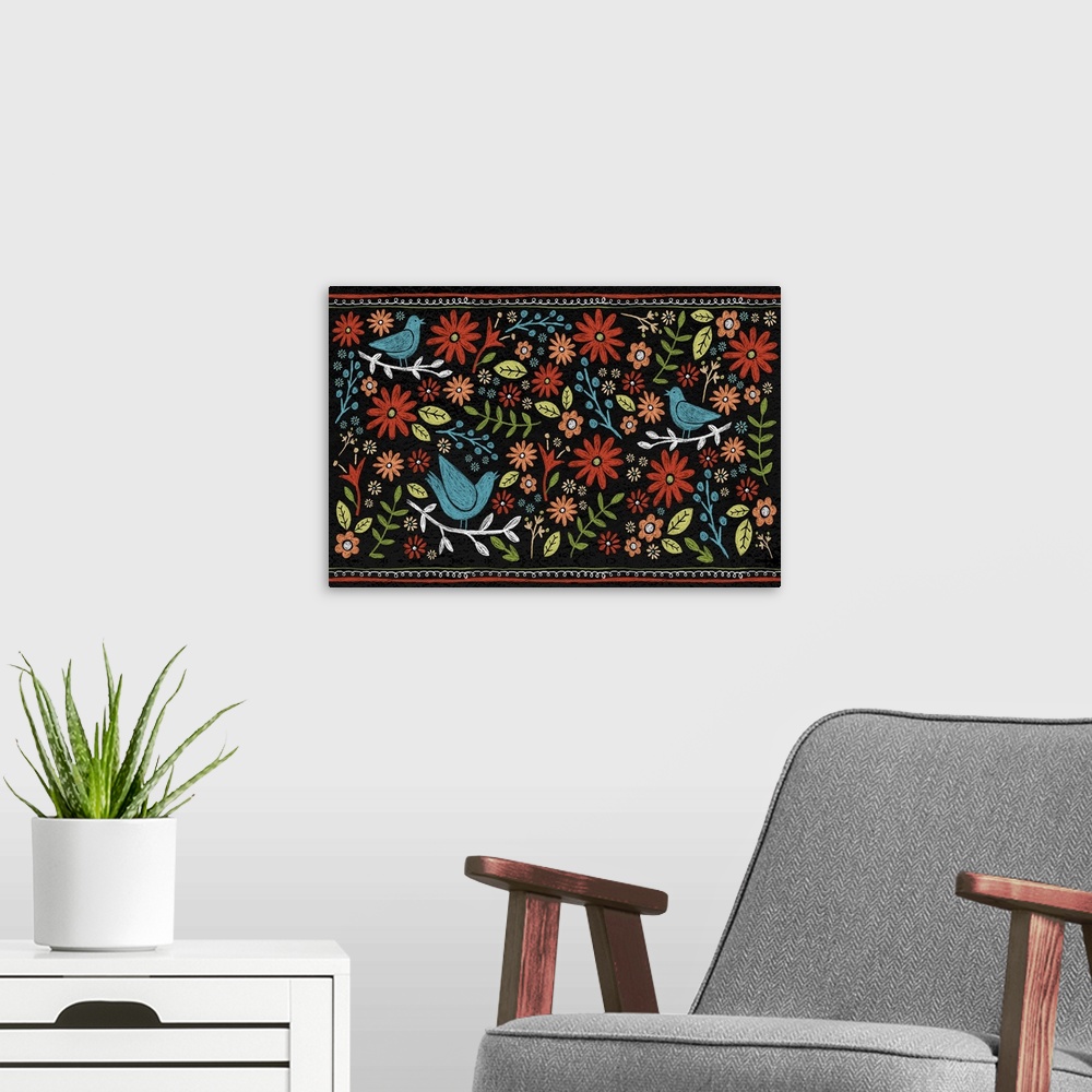 Chalkboard Florals and Birds | Large Metal Wall Art Print | Great Big Canvas