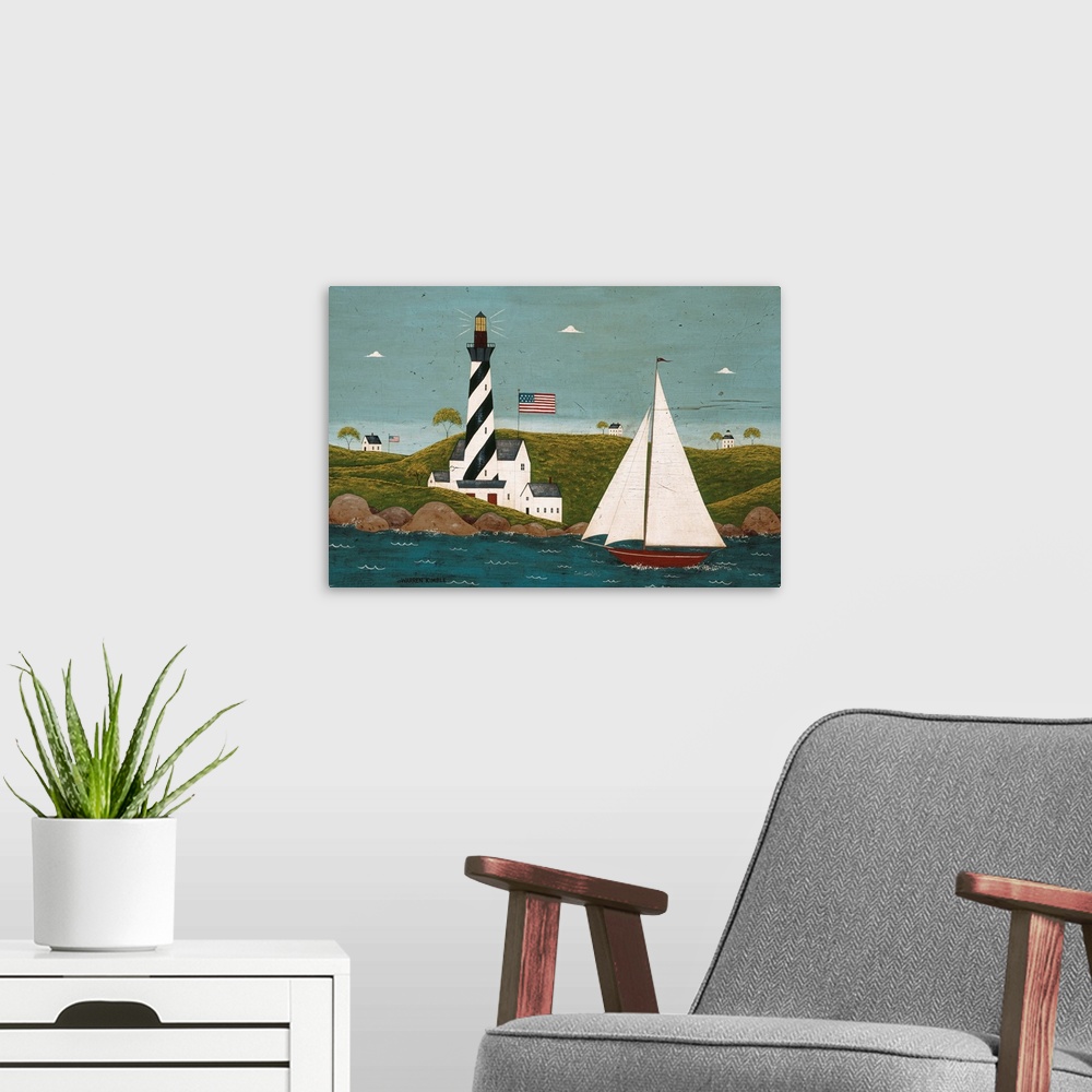 A modern room featuring Folk art of a striped lighthouse on a hilly shore with an American flag, watching over a large wh...