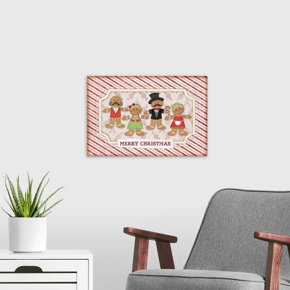 A modern room featuring Holiday themed home decor artwork of gingerbread people against a red and white striped background.