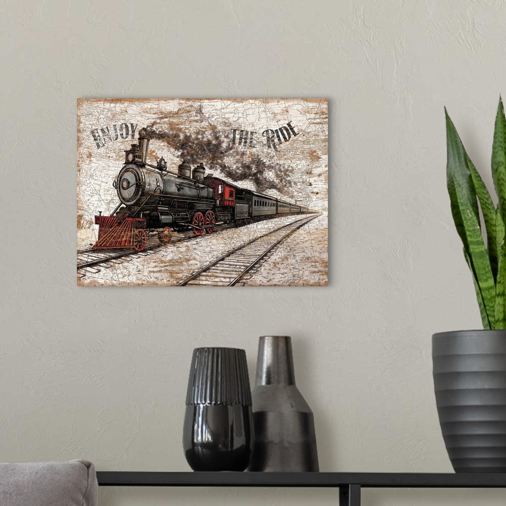 A modern room featuring Horizontal, big canvas art of a steam train moving along the tracks, the text "Enjoy the ride" at...