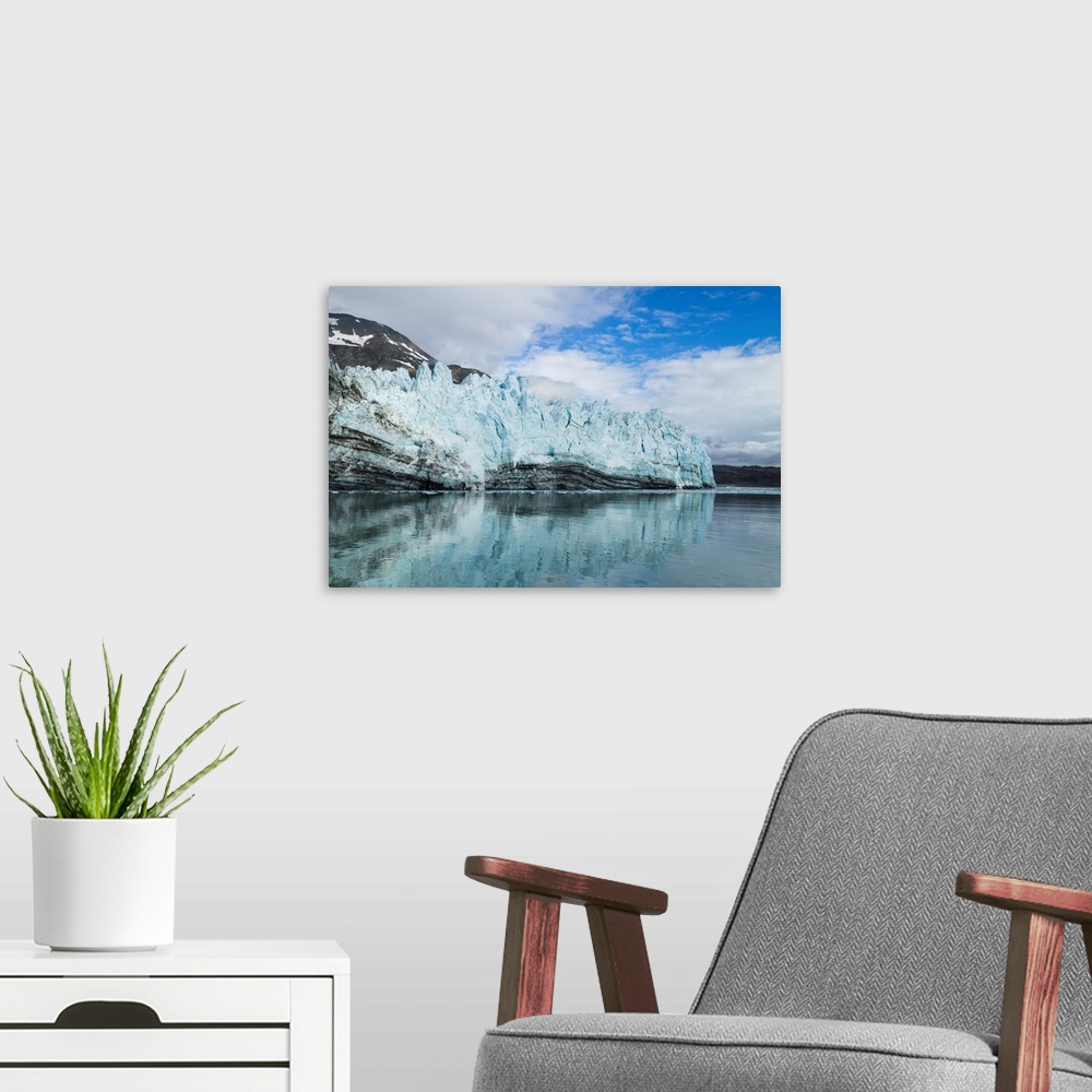 A modern room featuring North America, Alaska, Glacier Bay. A close-in view of Margerie Glacier with lateral moraine, dep...