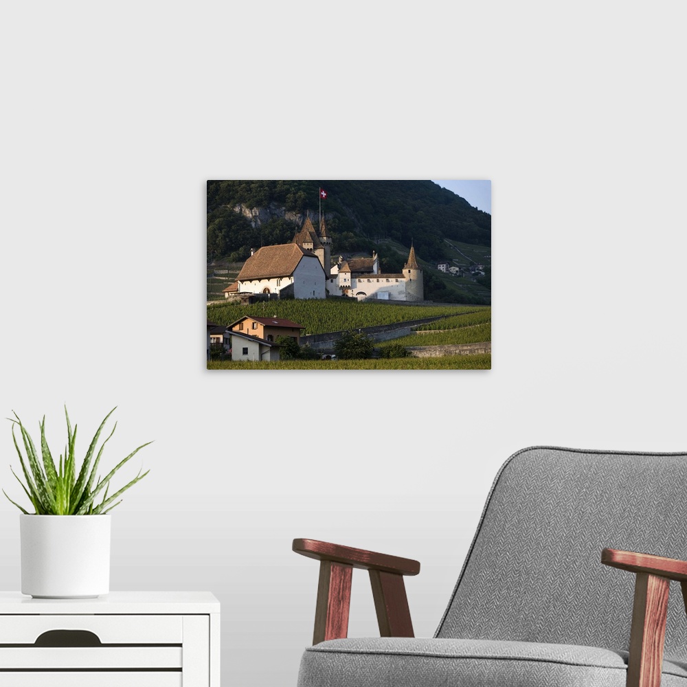 A modern room featuring Aigle Castle, vineyards, Vaud, Switzerland
