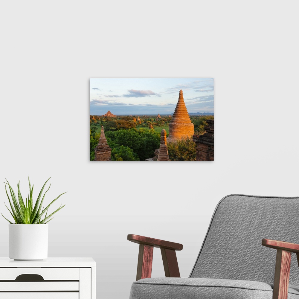 A modern room featuring Ancient temples and pagodas at sunset, Bagan, Mandalay Region, Myanmar