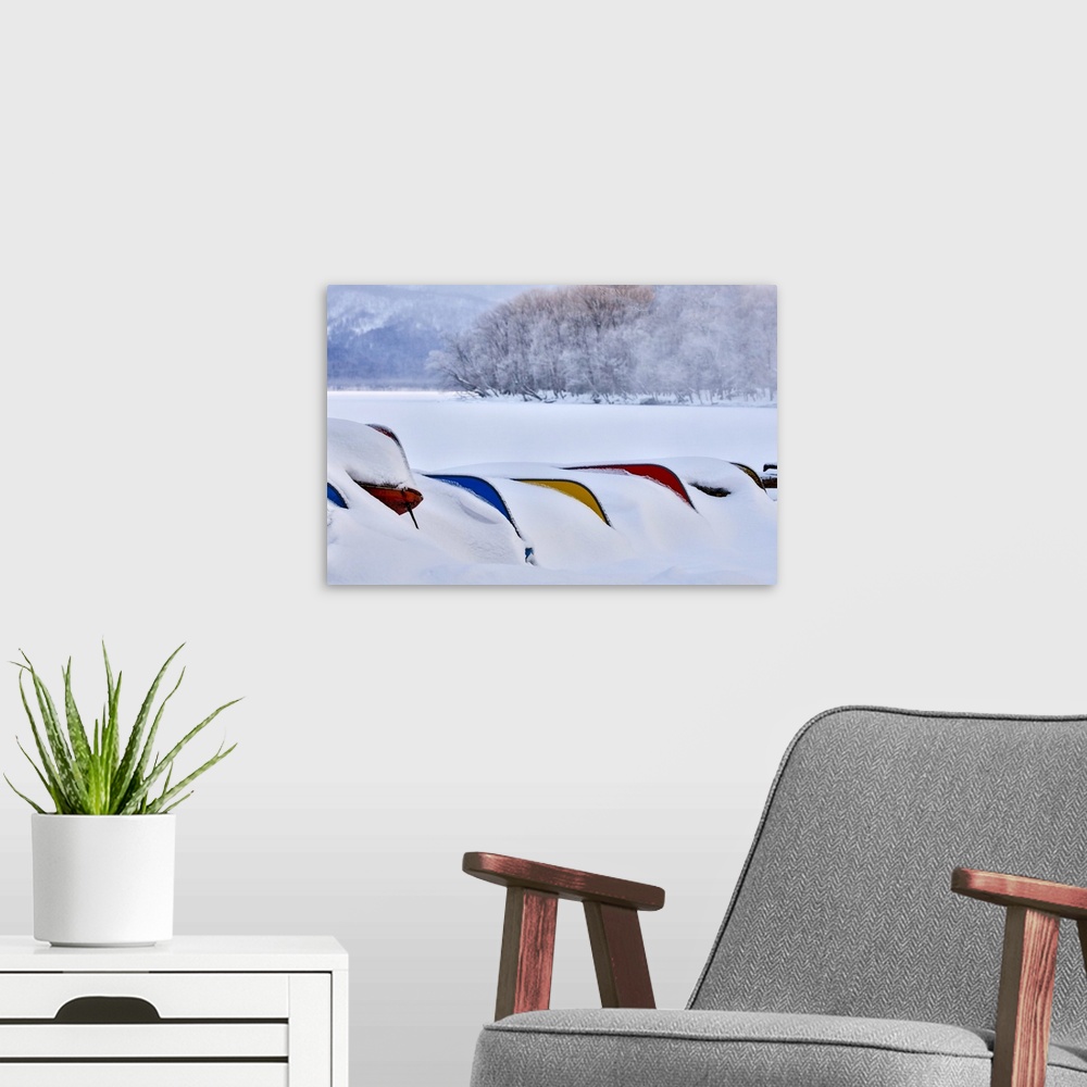 A modern room featuring Asia, Japan, Hokkaido, Lake Kussharo, Colorful Canoes in the Snow