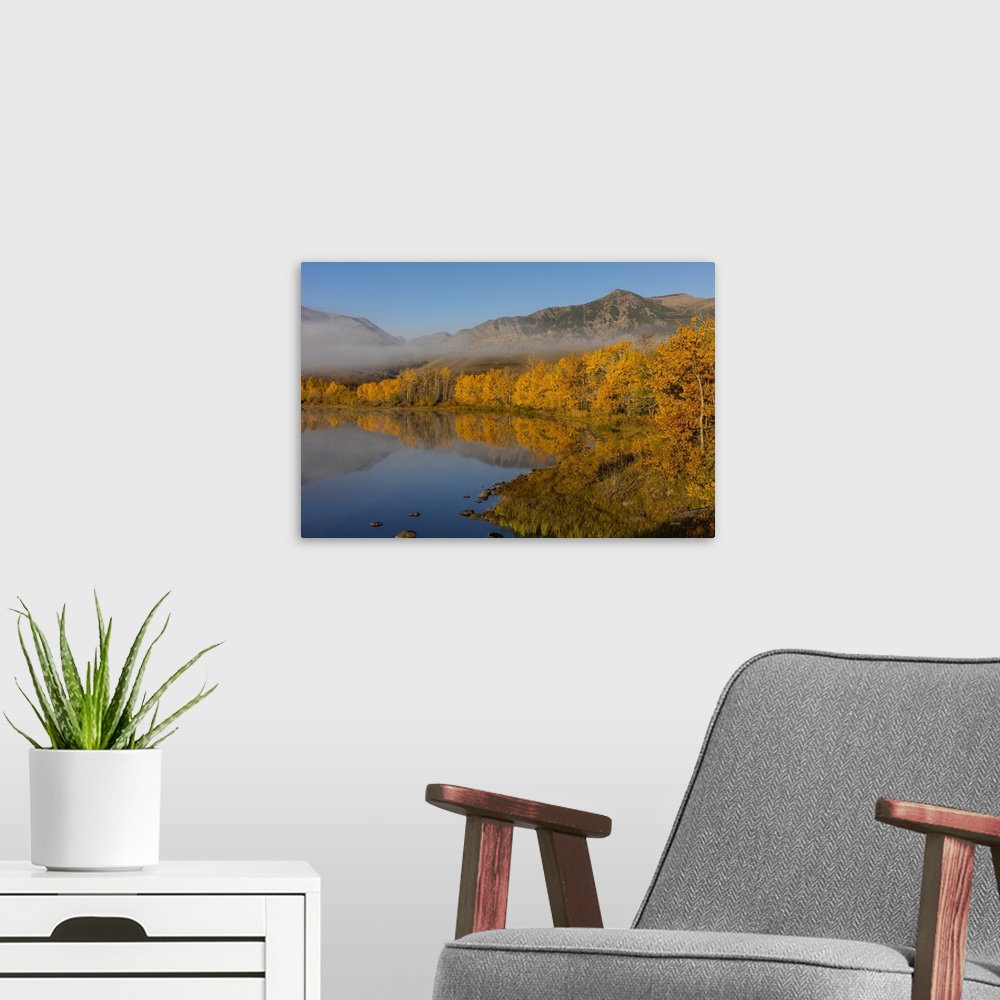 A modern room featuring Autumn color reflects into Maskinonge Lake in Waterton Lakes National Park, Alberta, Canada