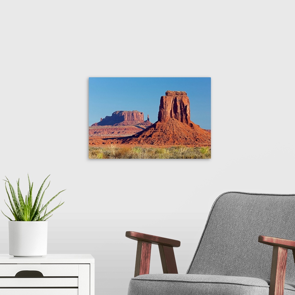 A modern room featuring AZ, Monument Valley, East Mitten Butte and Saddleback Mesa, view from Valley Drive.