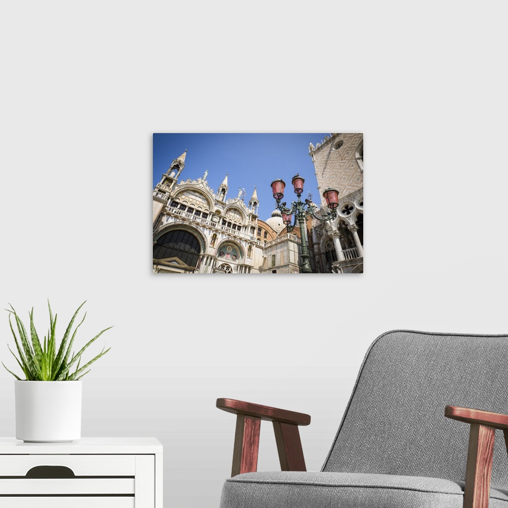A modern room featuring Basilica San Marco (Saint Mark's Cathedral) and street lamp, Venice, Veneto, Italy.