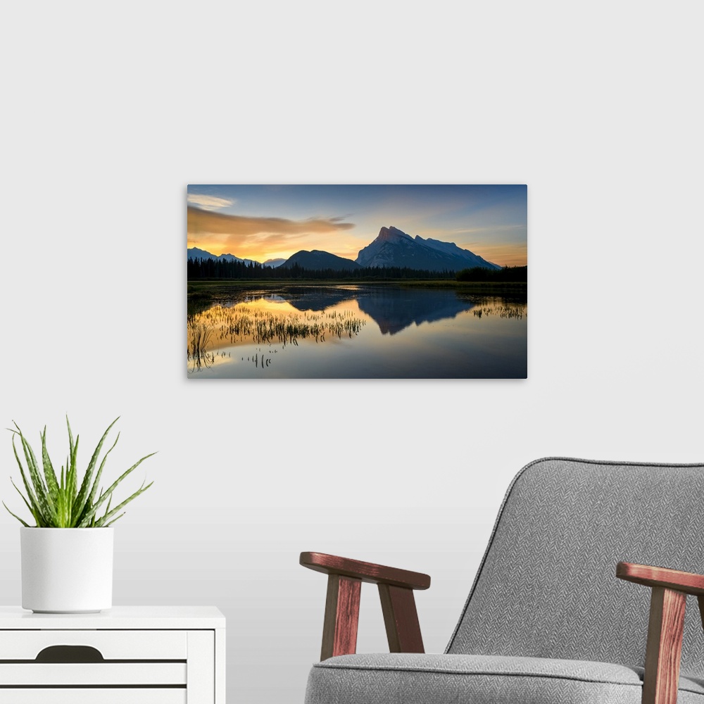 A modern room featuring Canada, Alberta, Banff, Vermillion Lakes, Mount Rundle sunrise reflection.