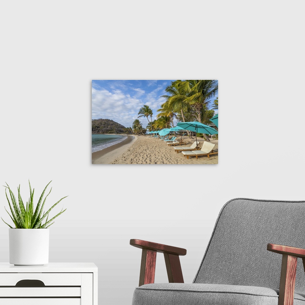 A modern room featuring Caribbean, Grenada, Mayreau Island, Beach Umbrellas And Lounge Chairs