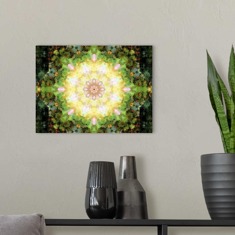 A modern room featuring Colorful Kaleidoscope - Green And Yellow