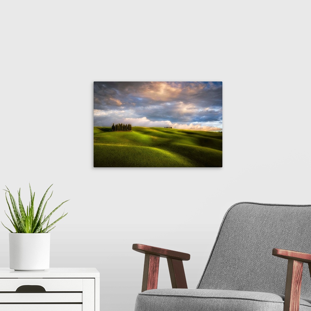 A modern room featuring Italy, Tuscany, Val d'Orcia. Cypress grove and clouds at sunset. Credit: Jim Nilsen