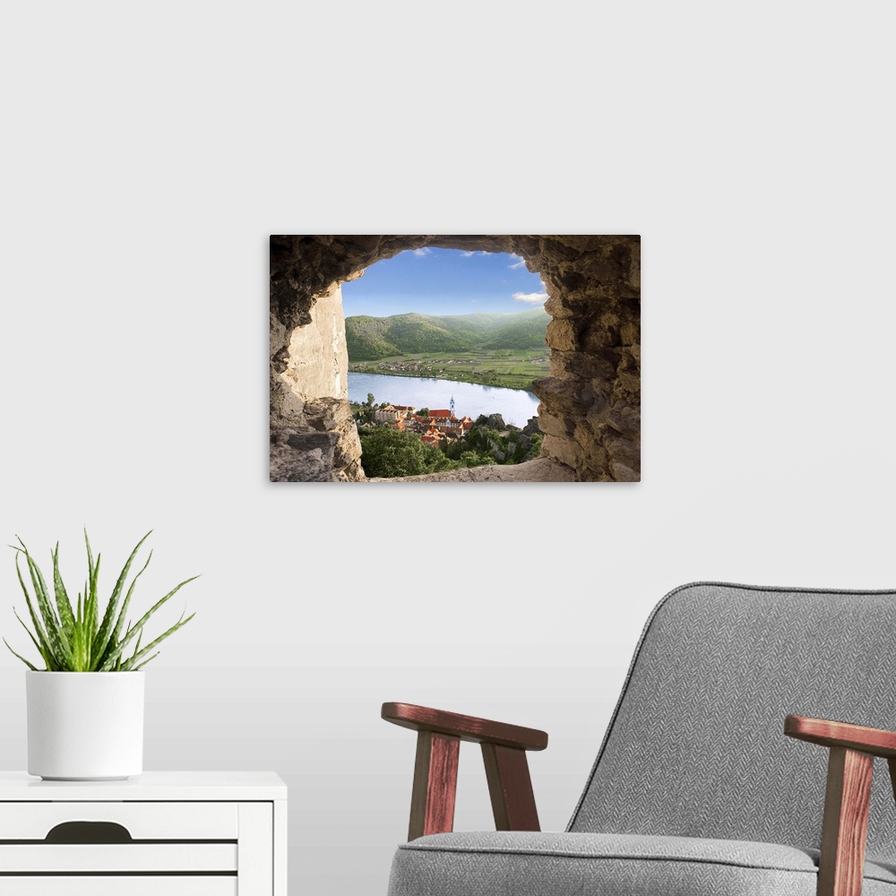 A modern room featuring Durnstein, Austria, Wachau Valley, Danube River, Durnstein Castle Window